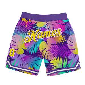 Pantalones cortos de baloncesto auténticos personalizados para púrpura y blanco con patrón de hojas de palma tropical 3D 100% poliéster Ommiz Sportswear - Product Image 4