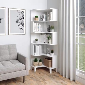 Libreria bianca ad angolo in legno ingegnerizzato a forma di L con ripostiglio per il soggiorno dell'home Office - Product Image 1