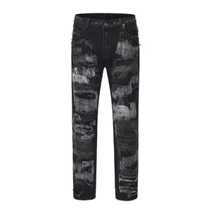 Custom Super Distressed Heavy Stitch Pencil Pants Black Denim Twill Spandex Ripped Jeans City Streets Cool Men's Jeans USA 2024