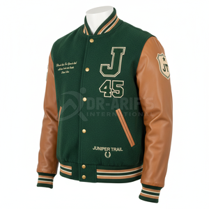 Veste universitaire personnalisée avec logo, pour homme, en cuir vert et marron, lettres brodées 45, style preppy, vêtements d'automne - Product Image 2
