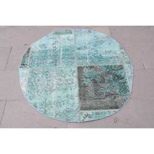 Alfombra Turca Redonda de 3.5x3.5 pies, Alfombra de Lana Vintage con Borde Azul - Product Image 4