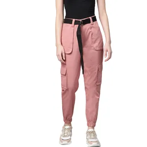 2023 pantaloni della tuta da donna Logo personalizzato oversize tinta unita a vita alta in spugna felpe larghe da donna 6 tasche pantalone tinto rosa