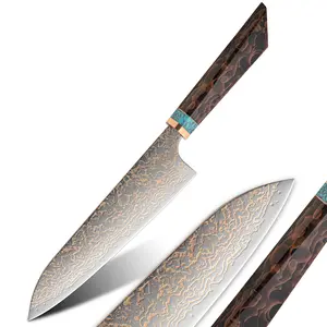 Pisau dapur baja tahan karat Damaskus Jepang tembaga VG10 tri-warna pisau koki Jepang dengan pegangan Resin jaring tembaga