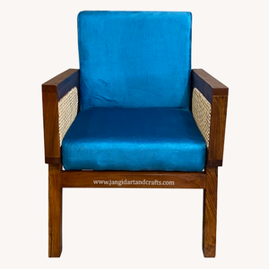 Sillón de madera de teca de estilo moderno de mediados de siglo con cojín de terciopelo azul y paneles de ratán tejidos a mano para uso en interiores de hoteles. - Product Image 3