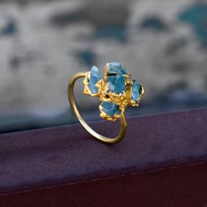 Bague en argent sterling 925 et or 14 carats avec aquamarine brute naturelle bleue, minimaliste, élégante, luxueuse, brute, délicate, mignonne, cadeau pour la mère - Product Image 5