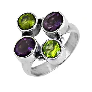 Art Palace 925 <b>Silver</b> Cluster <b>Ring</b> with <b>Amethyst</b> and Peridot Gemstones Bezel Setting Vintage Style Women's Jewelry - Product Image 1