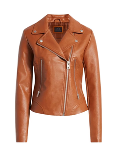 Blouson de moto en cuir véritable pour femme marron Manches longues Imperméable Coupe-vent Fermeture éclair Avant uni Teint en cuir de vache daim Automne - Product Image 1