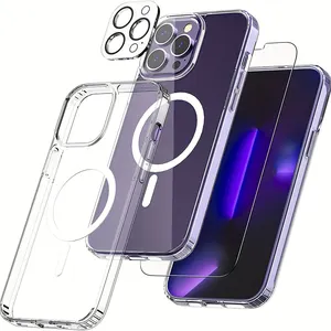 For iPhone 14 Tempered Glass Screen Protector Clear Case Cover for Men Women Heavy Duty Slim Thin Edge Cover Shockproof Hard TPU