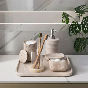 Ensemble d'accessoires de salle de bain élégant et luxueux en marbre et travertin Distributeur de savon décoratif en pierre Produit populaire d'aujourd'hui Salles de bains aujourd'hui - Product Image 3