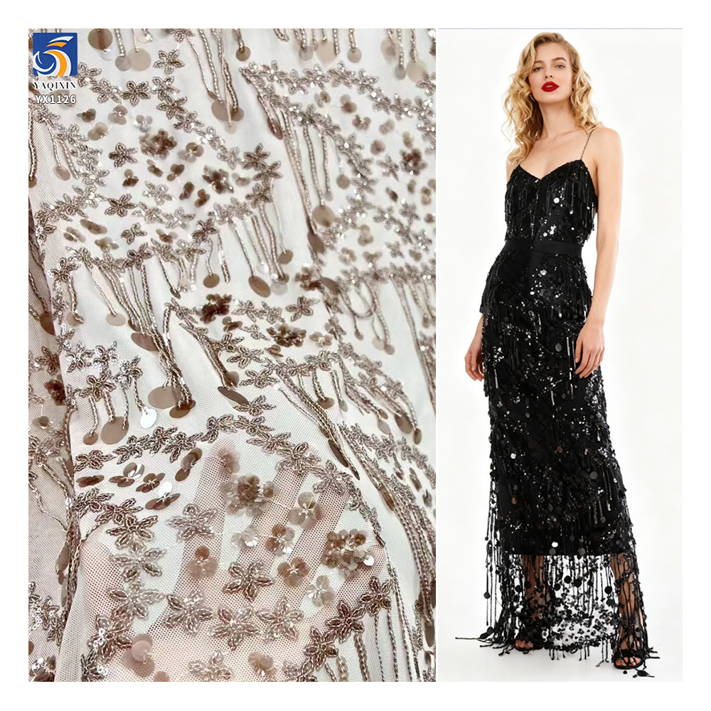 YX1126 Manufacturer Fringed 400gsm Heavy Sequin Fabric Five-Pointed Star Florals Shaped 3D Sequin Mesh Dress Fabric