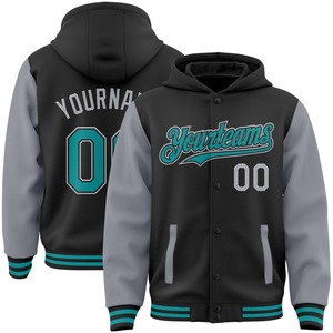 Direct Industry Wholesale Casual Winter Custom Black Teal-Gray Bomber Full-Snap Varsity Letterman Two Tone Hoodie Jacket - Product Image 1