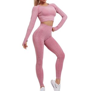 <b>Women's</b> Seamless Yoga Set Long Sleeve Active Wear Gym Clothing Sport Suit with <b>Cropped</b> Shirts & <b>Leggings</b> Washed Technics - Product Image 4