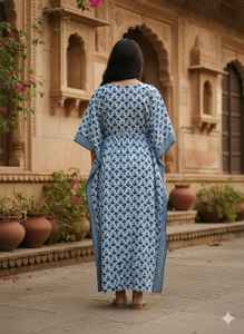 Vestido Largo Kaftan con Estampado Geométrico Azul, Hecho a Mano, de Algodón, para Mujer, Estilo Bohemio, para Playa, Ropa Informal, Estilo Étnico Indio - Product Image 4