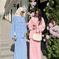 Setelan Abaya Loriya Dua Potong Tradisional Cina dengan Kancing Katak, Tunik Lengan Panjang & Rok Maxi Berlapis, Pakaian Islami Wanita yang Sopan
