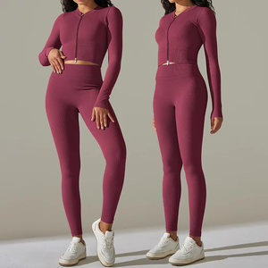 Women's Quick Dry Ribbed Seamless Yoga Gym Wear Sexy Two-Piece Fitness <b>Leggings</b> and Bra Set Solid <b>Pattern</b> - Product Image 3