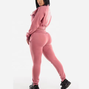 Blouson d'aviateur court rose pour femmes haut à glissière taille haute pantalon de survêtement à cordon vêtements décontractés survêtements respirants d'usine directe - Product Image 4