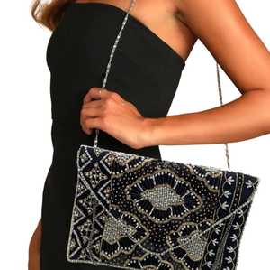 Nevaeh Luxury Crossbody Chain Clutch Handbag Black Metallic Sequin Bead <b>Crystal</b> and Rhinestone Evening <b>Bag</b> Fashion Style - Product Image 2