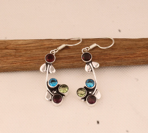 Boucles d'oreilles en quatre pierres multicolores pour femmes en argent sterling 925, faites à la main, pierres précieuses de taille ronde, cadeau d'anniversaire de mariage - Product Image 5