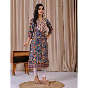 Kurti Recto de Algodón Estampado con Bloques Blue Jaal, Vestido Largo Elegante e Informal, Natural y Transpirable, ODM para el Día de San Valentín - Product Image 5