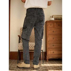 Jean cargo en denim gris anthracite pour homme, style rétro vintage, 100% coton, multipoches, respirant, écologique, tendance - Product Image 6