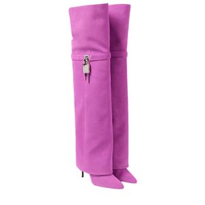 Bottes hautes pour femmes, talons hauts, bottes cuissardes, bout pointu, bottes requin, boucle, tige longue, talons fins - Product Image 4