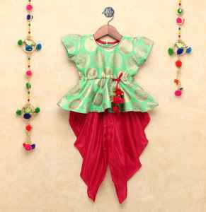 Super cómodo Airy Little Girls Seda Étnico Impreso Peplum Kurta & Dhoti Set para ocasiones festivas y de fiesta - Product Image 1