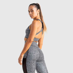 Leggings de sport taille haute en Spandex/Polyester à séchage rapide, écologiques, avec design en maille noire sur les jambes, sans couture, pour le fitness et les activités sportives, avec logo. - Product Image 3