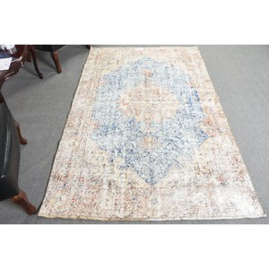 Alfombra turca Vintage de 5x8 ', lana azul y Beige, tejido plano, patrón de retazos, sala de estar alfombra para, respaldo de látex - Product Image 1