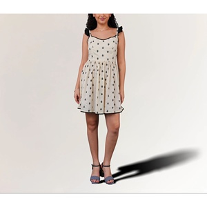 Women's Ivory 100% Cotton A-Line Slim Fit Casual Sleeveless Printed Mini Dress with Embroidery Breathable and Natural Waistline - Product Image 3