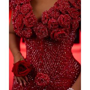 Ruby <b>Red</b> Luxury Mermaid Evening Gown Floor-Length Party Style with Crystal Embellishments & Floral Details <b>Sequined</b> Decoration - Product Image 3