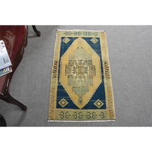 Classique bleu Beige 1.8x3.2ft tapis de laine fait main conception de Patchwork turc pour salon chambre rectangulaire couloir forme peluche Latex - Product Image 1