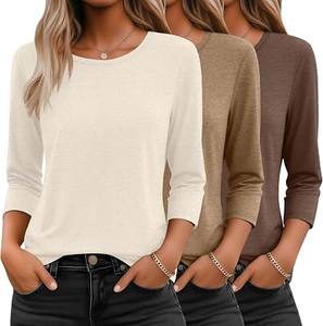 Polyester Winter Women T-<b>Shirt</b> Three Quarter Sleeve O-Neck Regular Fit Casual Plain Breathable - Product Image 1