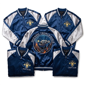 Wholesale Supplier Satin Souvenir Jacket Navy Coral Tidepool Starfish Urchin Embroidery Baseball Bomber <b>Coat</b> - Product Image 3
