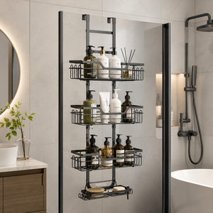 HapiRm Portaoggetti da Doccia Moderno a 4 Ripiani Regolabile con Ganci Portasapone, Senza Foratura, da Appendere Sopra la Porta per Bagno o Parete in Vetro - Product Image 2