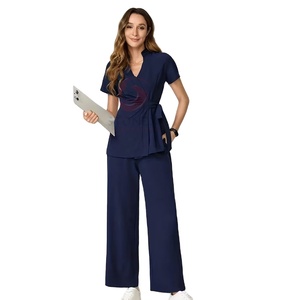 Meilleures ventes : Ensembles d'uniformes médicaux bleus élégants et de haute qualité pour femmes, en polyester tricoté extensible, pour hôpital, avec aiguille - Product Image 1