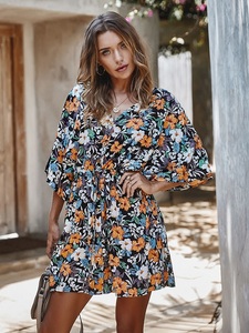Vestido Midi Casual Elegante con Estampado Floral y Botones de Encaje, Talla Grande para Mujer, Cuello en V, Cintura con Cordón, Vestido Camisero, ODM - Product Image 5
