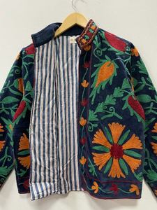 Bohemian Floral Embroidered Suzani Bomber Jacket 100% Cotton Velvet Medium Length Stand Collar Open <b>Stitch</b> Closure Elegant Women - Product Image 4