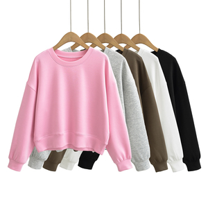 Sudadera larga Coreana de algodón unisex para mujer, cuello redondo liso con hombros caídos, talla XS personalizada, corte corto - Product Image 1