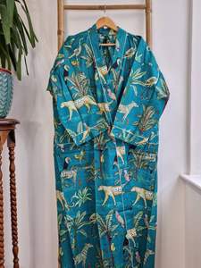 Pure Cotton Indian Block Printed Summer Kimono Floral Beach Coverup Maternity Robe Teal Casual Dresses Comfortable Floor-Length - Product Image 3