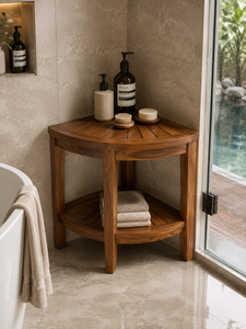 Mesa de Ducha Esquinera de Madera de Teca Sólida con Estante Inferior, Soporte para Baño y Spa, para Villas, Resorts y Hoteles, Fabricante de Indonesia - Product Image 1