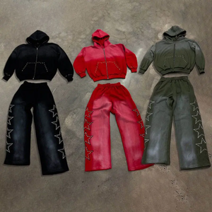 ชุดวอร์มสองชิ้นมีฮู้ดและกางเกงวอร์มประดับพลอยเทียมแบบกำหนดเองทรงหลวมสีสดใส - Product Image 1