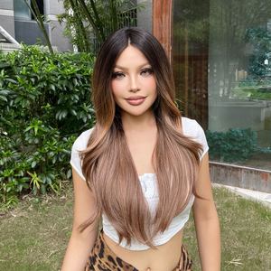Oculus-DWY Long Curly for Ombre <b>Brown</b> Synthetic <b>Wig</b> Transparent Front Free Part Okley-DWY Mono Front Free Part Long Curly Ombre - Product Image 5