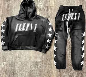 Traje de chándal recortado con estampado de lavado ácido Vintage unisex, ropa de calle personalizada, pantalones de chándal acampanados, Conjunto de sudadera con capucha, directo de fábrica - Product Image 2