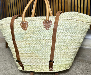 Panier de paille marocain sac de paille fait à la main sangles en cuir panier de marché français sac marocain sac de panier de paille naturelle - Product Image 1