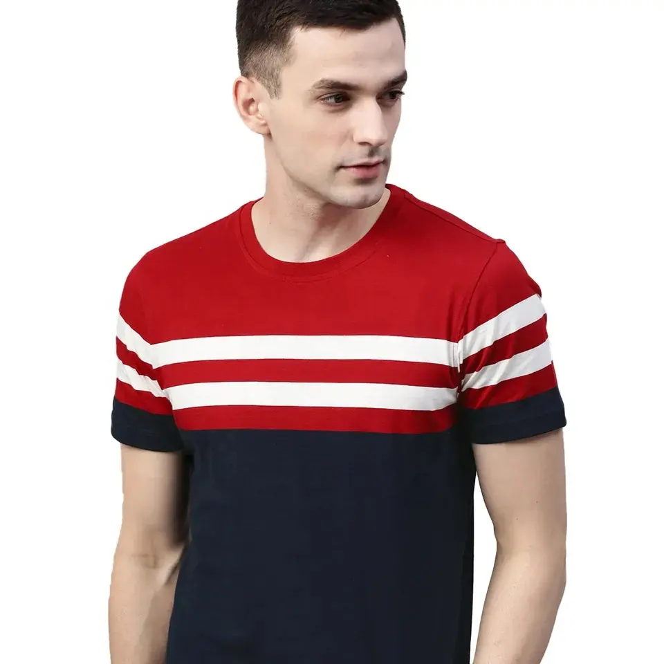 2023 Custom Men Navy Blue And Red Color blocked Round Neck T Shirts Loose Neck Soft Men T Shirt For Sale Wholesale
