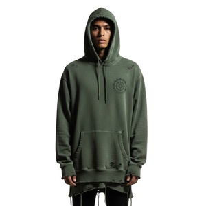 เสื้อฮู้ดดี้สไตล์วินเทจฮิปฮอปทรงโอเวอร์ไซส์ ผ้าฝ้ายดิบ ตัดเย็บแบบดิสเทรส  สองชั้น  สำหรับผู้ชาย  รับผลิตตามแบบ OEM สตรีทแวร์ - Product Image 1