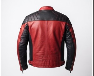 Custom <b>Leather</b> Men <b>Jacket</b> Motorcycle Style Biker Coat Red Black Patchwork Full Sleeve Outerwear - Product Image 1