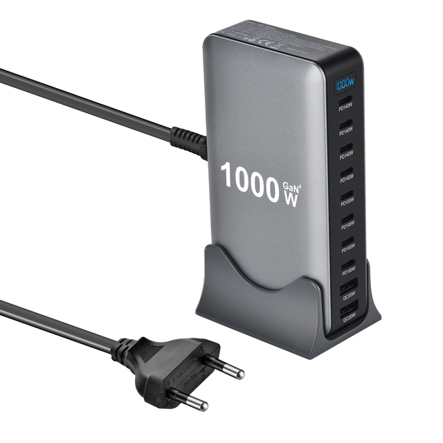 1000W PD SCP GAN Fast Charger Station with 10 Ports (8 Type-C + 2 USB-A) for Laptop/Tablet/Notebook