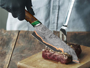 Couteau de cuisine artisanal de qualité supérieure, lame en acier damas cuivré, manche en bois avec étui, cadeau d'anniversaire, cadeau de Noël, cadeau de mariage. - Product Image 4