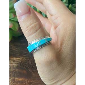 Navajo Handmade Kingman <b>Turquoise</b> Sterling Silver Inlay Statement <b>Ring</b> Size 11 - Product Image 2